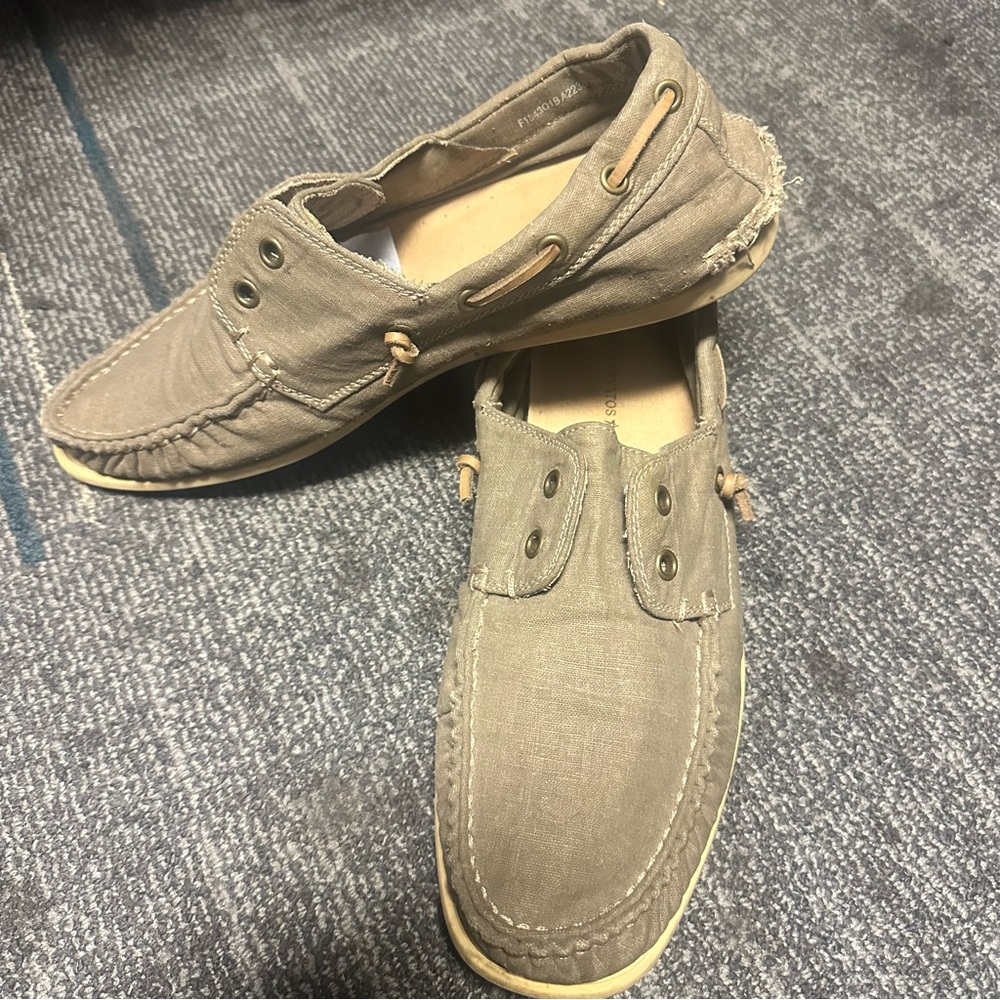 John Varvatos USA Olive Green fabric laceless boat shoes.